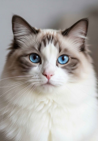 A beautiful white cat with blue eyes and brown markings looks directly at the cameraの写真素材
