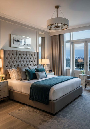 A luxurious bedroom with a large bed and a stunning city viewの写真素材