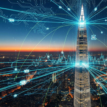 A futuristic cityscape at dusk with a skyscraper emitting digital network connections and 5G signals