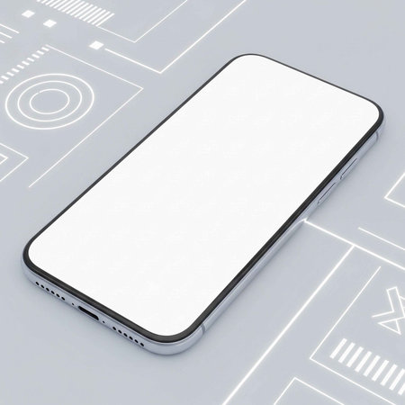 A sleek smartphone with a blank screen on a technical diagram backgroundの写真素材