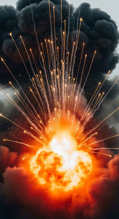 A massive explosion with bright orange flames and dark smoke clouds in the skyの写真素材