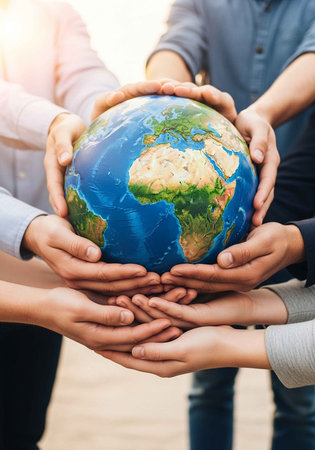 Diverse group of people holding the Earth globe together in unity and cooperationの写真素材