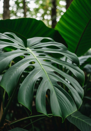 A large green leaf with holes in a lush forest environment with natural lightの写真素材
