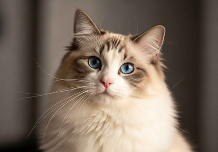 A beautiful white cat with blue eyes and long whiskers looking curiously upwardsの写真素材