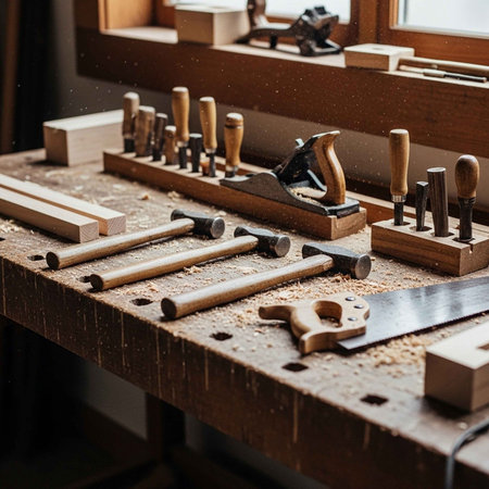 A cluttered woodworking workbench with various tools and wooden pieces scattered aroundの写真素材