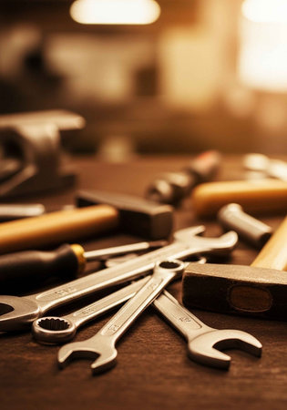 A collection of tools lies scattered on a workbench in a workshop setting.の写真素材