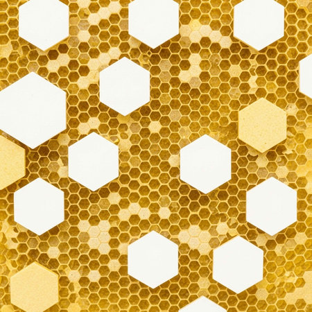 A close-up view of a honeycomb pattern with white hexagons and golden cells