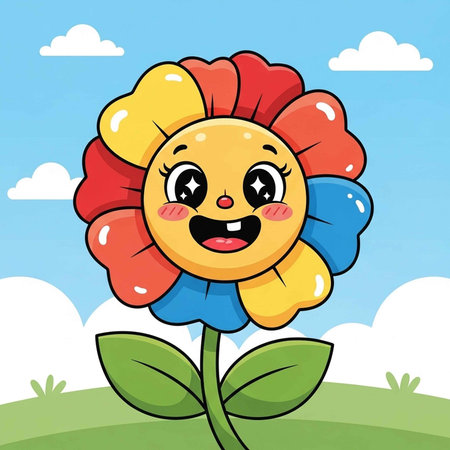 A colorful cartoon flower with a smiling face in a green field under a blue skyの写真素材
