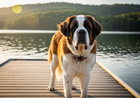 A large brown and white dog standing on a wooden dock by a lake