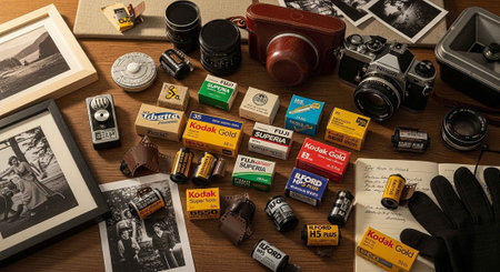 A collection of vintage cameras and photography equipment on a wooden tableの写真素材