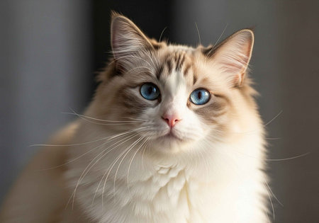 A beautiful white and brown cat with blue eyes looking directly at the cameraの写真素材