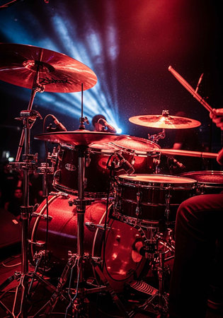 A professional drummer performing on stage with a drum set under vibrant lightsの写真素材