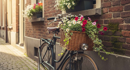 A bicycle with a wicker basket full of colorful flowers leaning against a brick wallの写真素材