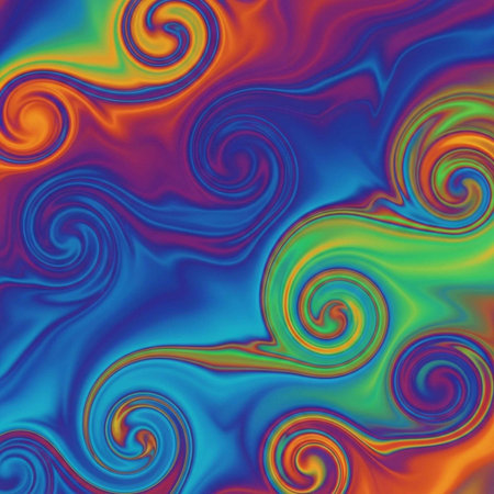 A vibrant and colorful abstract image with swirling patterns and bright hues