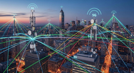 A futuristic cityscape with 5G network towers and vibrant light trails at dusk