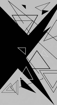 A modern abstract art piece featuring geometric shapes in black and gray tones