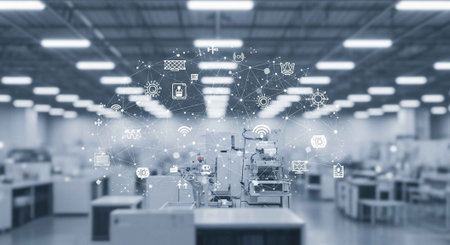 A large industrial warehouse with various machinery and technology icons floating above
