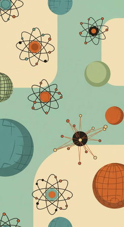 An illustration of atoms and molecules on a colorful abstract background