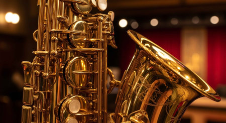 A shiny saxophone standing alone on a stage with bright lights in the backgroundの写真素材