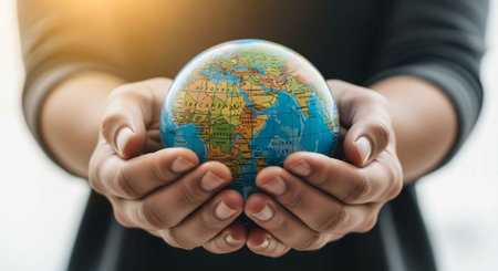 A person holding a small globe in their cupped hands with care and responsibility.
