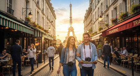 A young couple walks down a charming Parisian street with the Eiffel Tower in the backgroundの写真素材