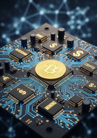 A close-up view of a Bitcoin cryptocurrency circuit board with gold accents