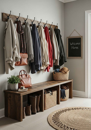 A cozy entryway with a wooden bench and hooks for hanging coats and bags
