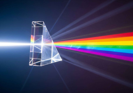 A prism refracts a beam of light into a vibrant rainbow spectrumの写真素材