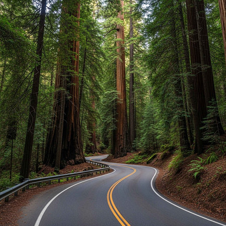 A winding road through a dense forest of tall trees with green leavesの写真素材