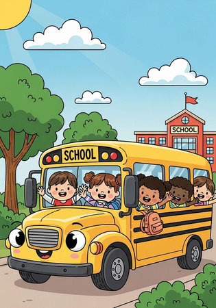 A cartoon illustration of a happy school bus with children on their way to school