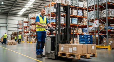 A man in a warehouse operating a forklift with boxes on a pallet