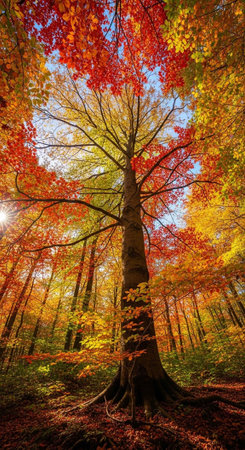 A large tree stands tall in a vibrant autumn forest with colorful leavesの写真素材