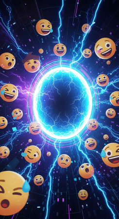 A vibrant digital illustration of various emojis surrounding a glowing blue portalの写真素材