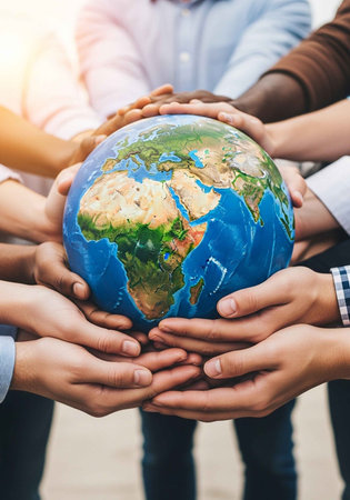 Diverse group of people holding a globe together in unity and cooperationの写真素材