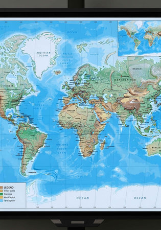 A large world map displayed on a screen with a legend in the corner
