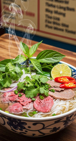 A steaming bowl of Vietnamese beef noodle soup with fresh herbs and spices