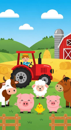 A cartoon farmer drives a red tractor on a farm with animals and a barnの写真素材