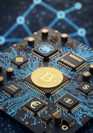 A close-up view of a computer circuit board with a Bitcoin symbol on it