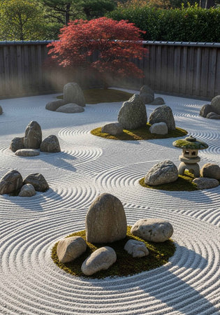 A serene Japanese Zen garden with meticulously raked sand and strategically placed stonesの写真素材