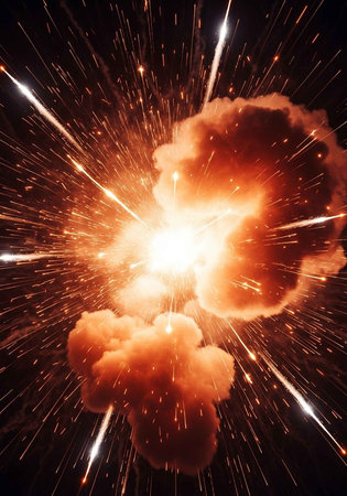 A massive explosion with bright orange and yellow flames and smoke in the nightの写真素材