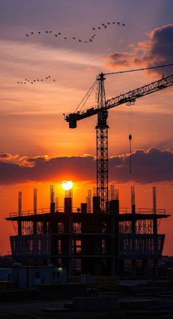 A construction site with a crane at sunset, surrounded by clouds and birds