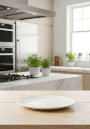 A modern kitchen with a wooden table and a white plate on itの写真素材