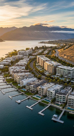 Aerial view of a modern waterfront city with mountains in the background at sunsetの写真素材