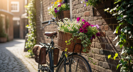 A bicycle with a wicker basket full of flowers leans against a brick wall in a charming cobblestone streetの写真素材