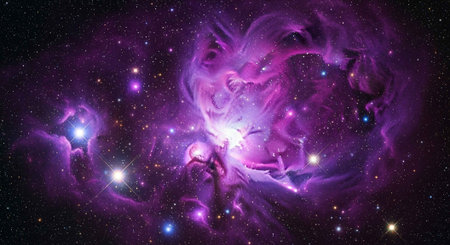 A vibrant purple nebula glows brightly in the dark vastness of outer space