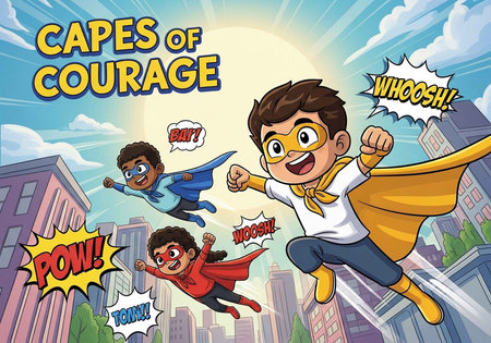 Three cartoon children wearing superhero capes flying over a cityscape with a bright sun
