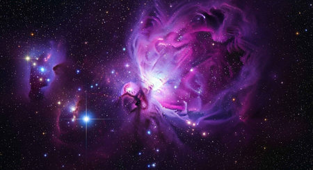 A vibrant purple nebula glows brightly in the dark vastness of outer space