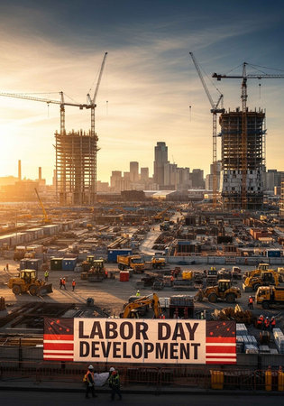 A bustling construction site at sunset with workers and heavy machinery in action