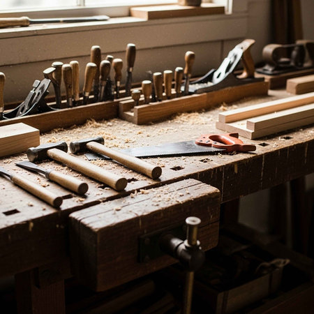 A cluttered workbench with various woodworking tools and wooden planks in a workshopの写真素材