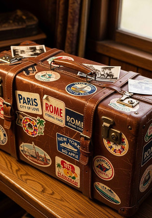A vintage brown leather suitcase with travel stickers on a wooden table indoorsの写真素材